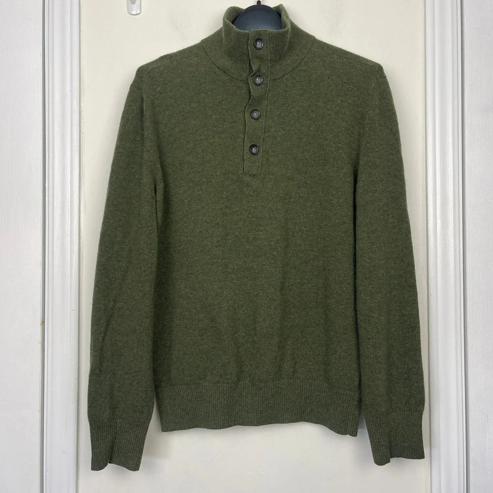 Banana Republic MERINO WOOL 1/4 Zip Button Mens L Mock Neck Sweater Olive‎ Green